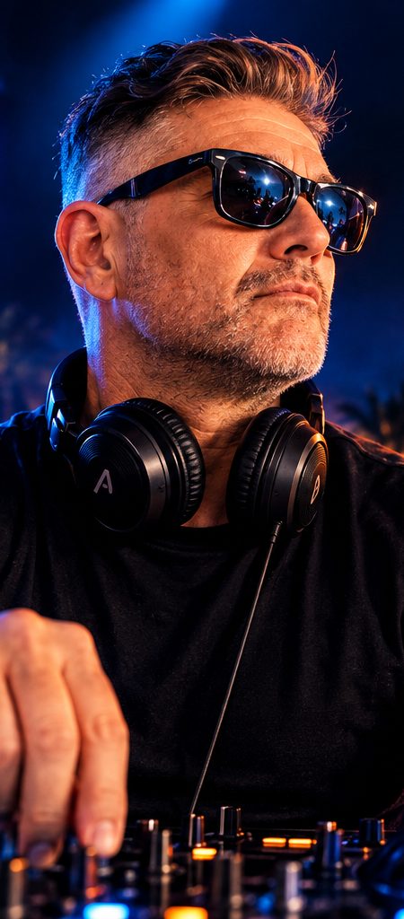 Alexis Puerto en la cabina de noche, iluminado en azul, con gafas de sol y auriculares.